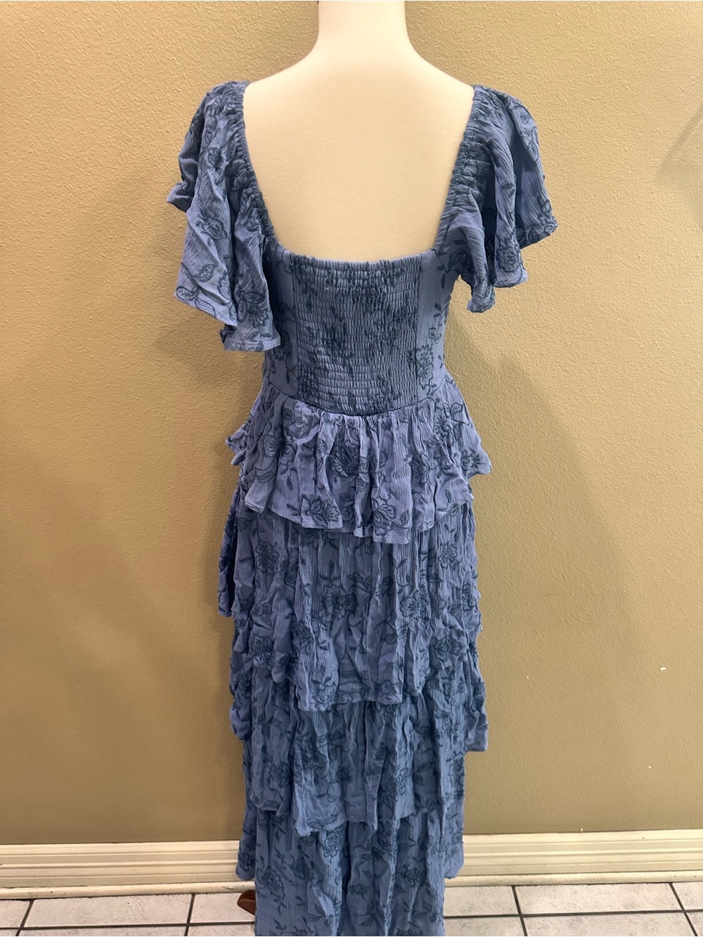 Altar'd State Dusty Blue Floral Tiered Maxi Dress Roxanne Layered Maxi Dress M - Picture 9 of 11